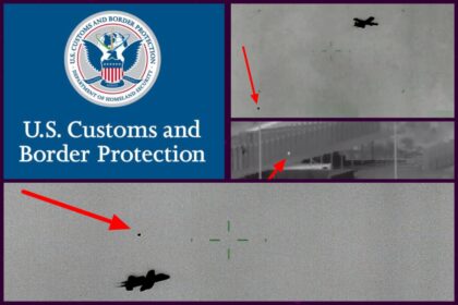 The U.S. Customs & Border Protection logo is shown next to screenshots from 3 of the 12 UAP videos released (with arrows added by PA Media.)