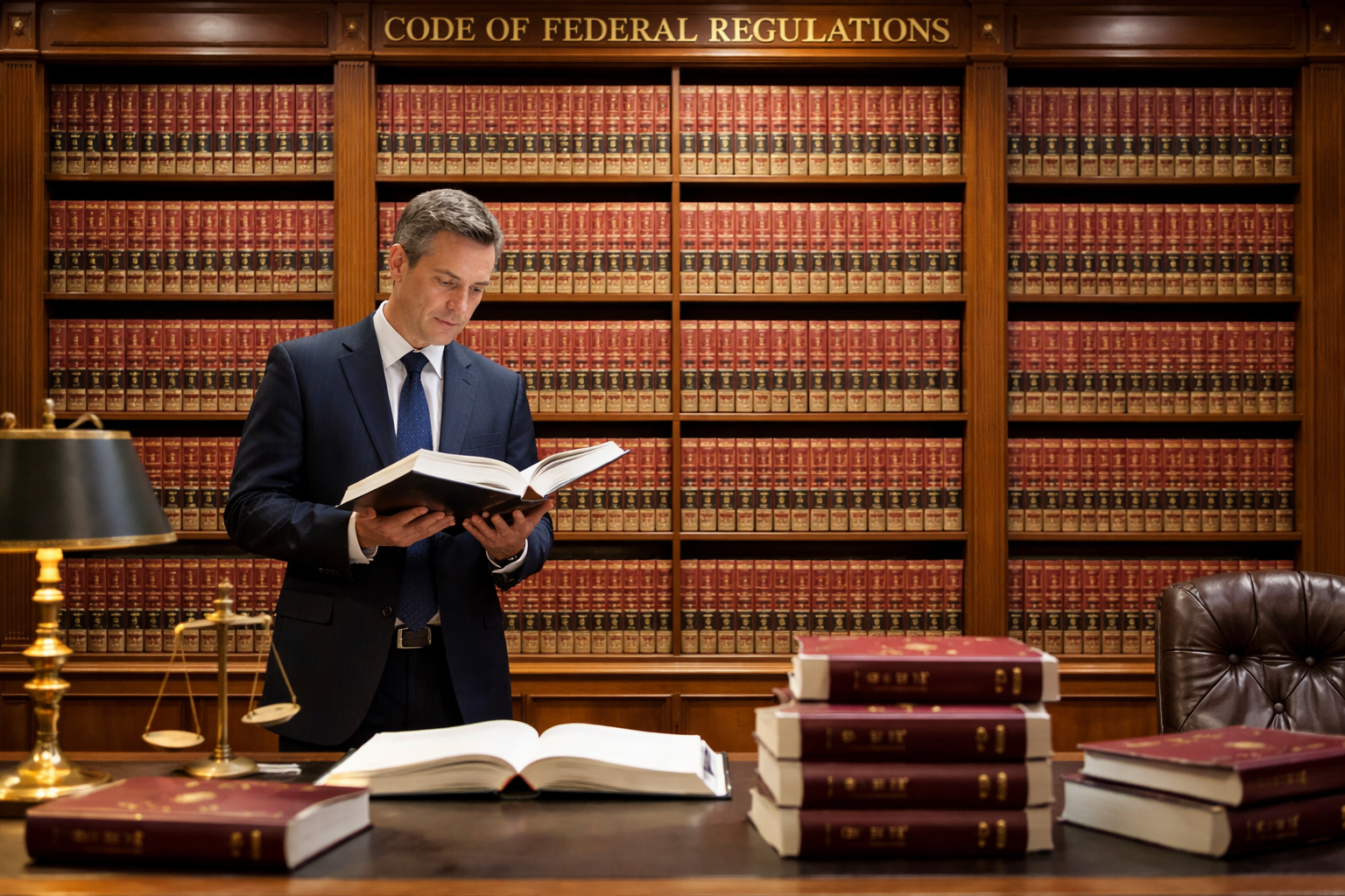 This looks like a photograph but it is not. It's a generated image of a man standing in front of a library of the Code of Federal Regulations. He is in a suit and tie and appears to be studying a large legal text.