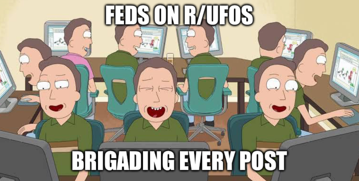 a meme showing Jerry from Rick and Morty sharing memes and laughing with one another. the caption insinuates that much of the commentary on reddit is government sponsored